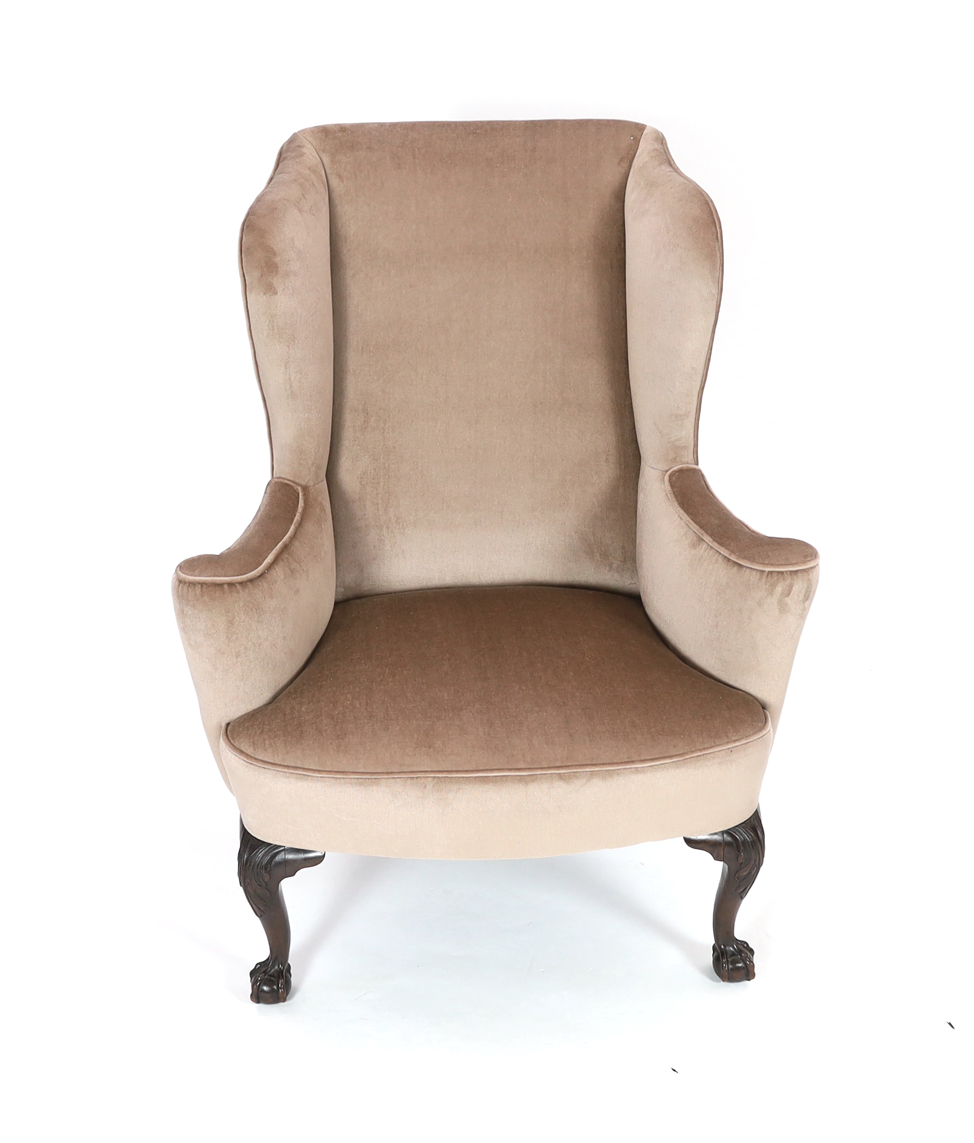 A George II style mahogany wing armchair, 93cm wide, 86cm deep, 114cm high